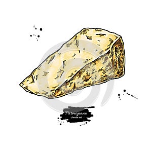 Parmigiano reggiano cheese drawing. Vector hand drawn food sketch. Triangle slice of parmesan. photo