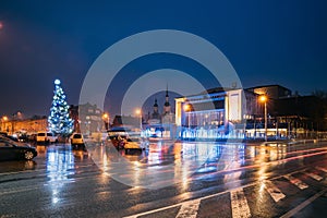 Parnu, Estonia. Endla Theatre, Christmas Tree And Endla Theater