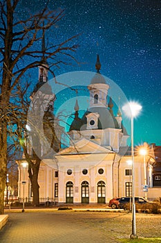 Parnu, Estonia. Night View Of Estonian Apostolic Orthodox Parnu Transformation Of Our Lord Church In Evening Night