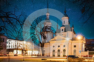 Parnu, Estonia. Night View Of Estonian Apostolic Orthodox Parnu Transformation Of Our Lord Church In Evening Night