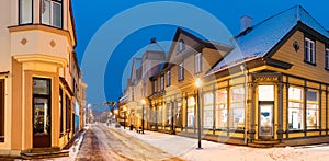 Parnu, Estonia. Night View Of Famous Ruutli Street With Old Buildings And Houses In Evening Night Illuminations.