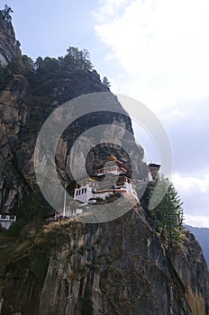 Paro Taktsang or Tiger`s Nest Buddhist Monastery, perched high up on the cliffside of the upper Paro valley in Bhutan