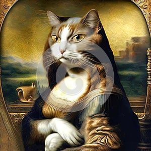 A parody of Leonardo Da Vinci\'s Gioconda with a cat as a model photo
