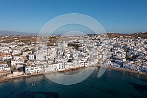 Paros island, Naousa cityscape aerial drone view. Greece,  Cyclades