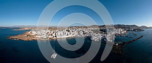 Paros island, Naousa cityscape panorama aerial drone view. Greece,  Cyclades