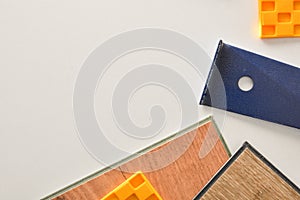 Parquet installer material and tools background on table top detail