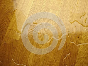 Parquet. Water drops on wooden surface.