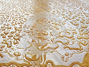 Parquet. Water drops on wooden surface.