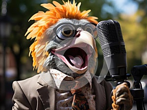 Parrot announcer with tie and glasses