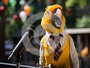 Parrot announcer with tie and glasses