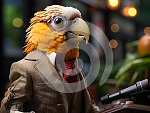 Parrot announcer with tie and glasses