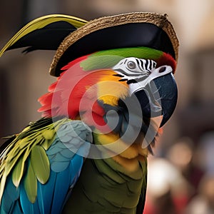 A parrot as a pirate captain, with a feathered tricorn hat and a tiny sword1