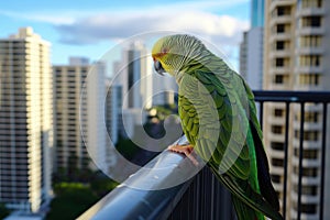 parrot on a balcony railing with highrises in background