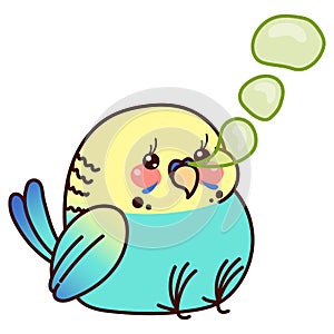 Parrot with big green snot bubbles. Silly bird is sitting. Kawaii character. Blue budgie. Cute vector illustration isolated on whi