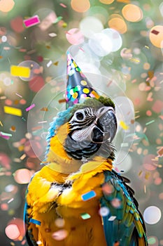 parrot bird Happy cute animal friendly parrot wearing a party hat celebrating fancy newyear or birthday party festive celebration photo