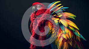 Parrot bird in luxury wealthy fancy chic luxurious impeccable Fur feather fabric outfits isolated on bright background