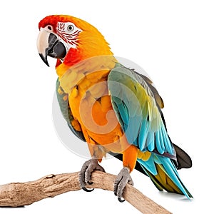 parrot bird smile catch on wood tree branch colorful animal isolated on white background with clipping path