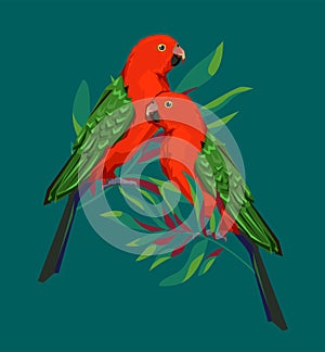Parrot bird with tropical leaves rint summer exotic vector illustration