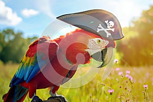 parrot biting the edge of a tricorn pirate hat in a sunny field