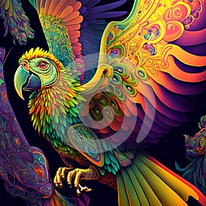 Parrot in 60s psychedelic style, central composition, decorative fantastic bird on vibrant abstract jungle, psychedelic background photo