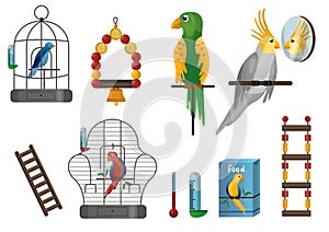 Parrot in cage and care supplies in cartoon style. Pet shop