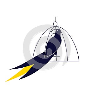 Parrot in a cage, stylized black pet isolated on a white background