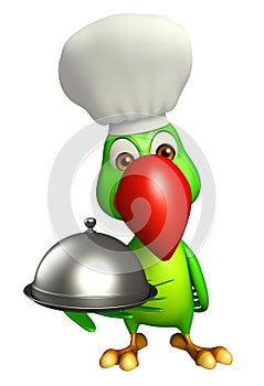 Parrot cartoon character with cloche and chef hat