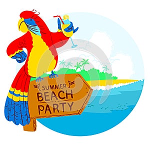 Parrot with cocktail on wooden designator to the tropical beach