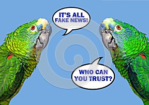 Parrot double speech bubble saying fake news