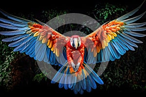 parrot in flight, showcasing its colorful wingspan