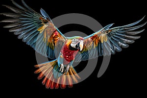 parrot in flight, showcasing its colorful wingspan