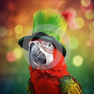 a parrot with a green hat and feathers on it\'s head and a blurry background of lights in the backround of the image