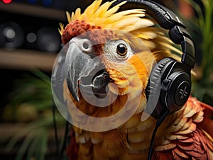 Parrot headbanging with headphones