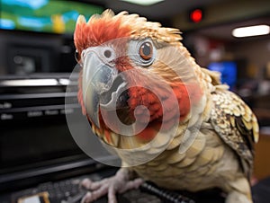 Parrot imitates news reporter with mic and TV