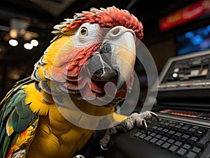 Parrot imitates news reporter with mic and TV