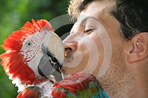 Parrot kissing his owner