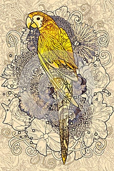 Parrot line art with yellow colored on floral design element