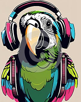 parrot listens to music on headphones