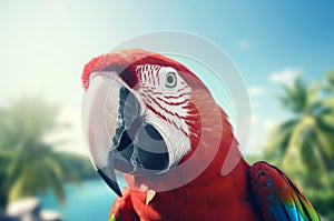 Parrot macaw tropical island closeup head. Generate Ai