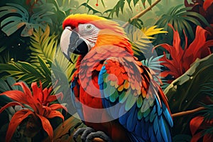 Parrot macaw tropical island closeup head. Generate Ai