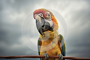 parrot on a perch with a backdrop of stormy skies, beak open