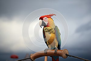 parrot on a perch with a backdrop of stormy skies, beak open