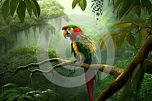 parrot perched on tree branch, with view of jungle canopy