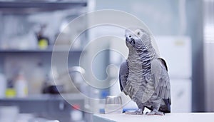 A parrot perches on lab counter, showcasing its colorful feathers and sharp beak