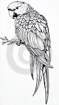 Parrot perching on branch with detailed plumage in black and white