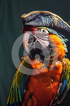 Parrot in a pirate hat, dramatic lighting, close focus, vivid colors, adventurous vibe , hyper realistic