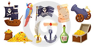 Parrot pirate, island treasures. Ship with black flag, shipwreck, chest with golden coins, ocean adventured, anchor and
