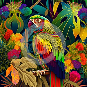 Parrot in 60s psychedelic style, central composition, decorative fantastic bird on vibrant abstract jungle, psychedelic background photo