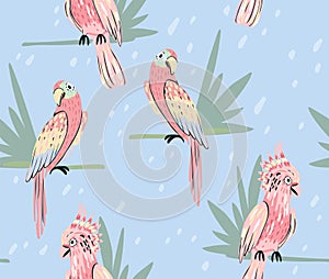 Parrot seamless pattern with and palm leaf. Cute background.