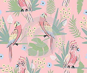 Parrot seamless pattern with and palm leaf. Cute background